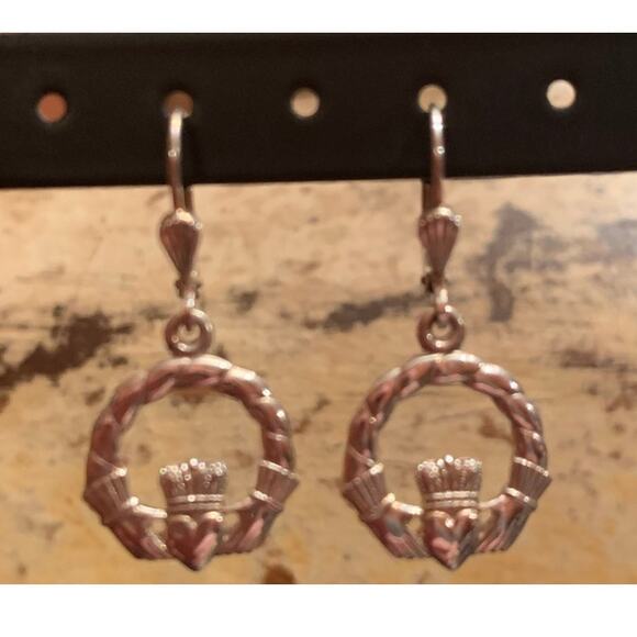 Sterling Silver Claddagh Earrings Made In Ireland - Picture 2 of 5